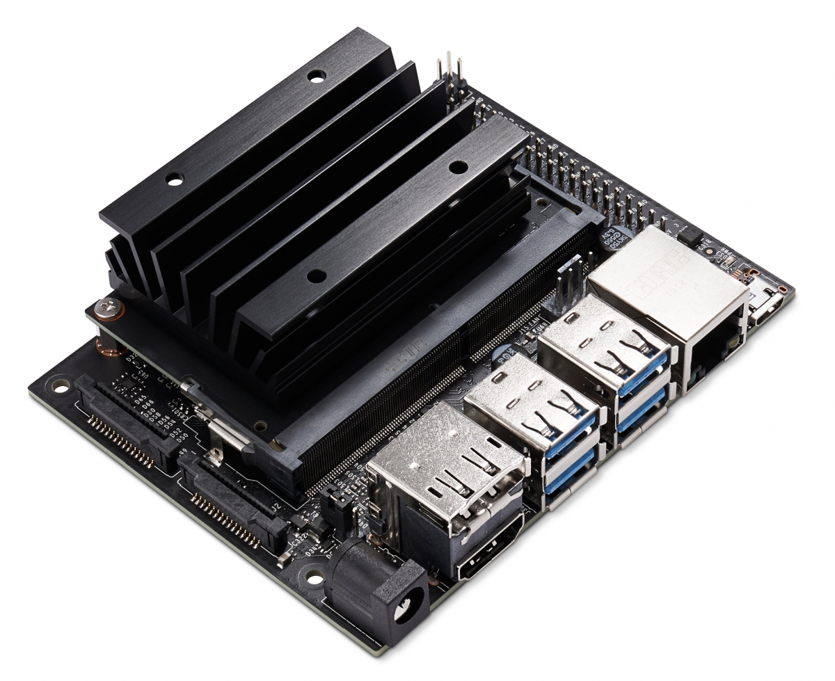 NVIDIA Jetson Nano NVIDIA Jetson Nano; a rectangular black printed circuit board, with various connectors and a large black heatsink