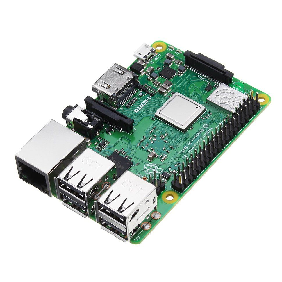 Raspberry Pi 3 Model B+ Raspberry Pi 3 Model B+; a green rectangular printed circuit board with various connectors and integrated circuits