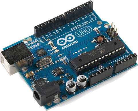 Arduino Uno microcontroller board Arduino Uno microcontroller board; a blue rectangular printed circuit board with various components, chips, and connectors on it