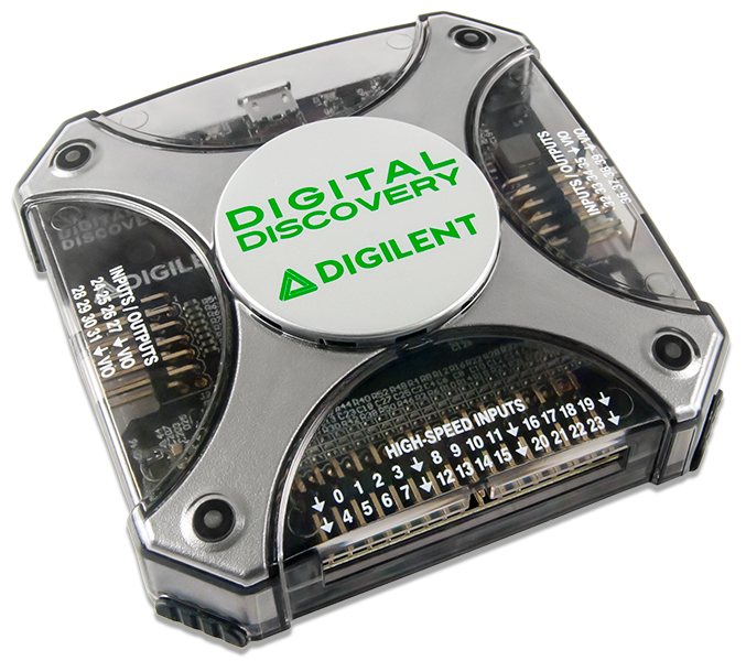 Digilent Digital Discovery Digilent Digital Discovery; a square black printed circuit board encased in clear plastic, with various connectors
