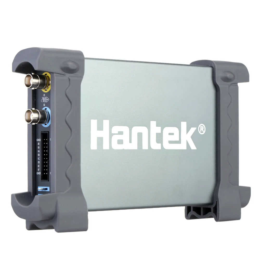 Hantek6022BL oscilloscope  Hantek6022BL oscilloscope -- a grey metal block with probe ports and pin headers.