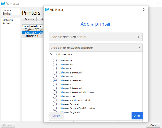 Managing printers in Cura