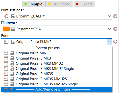 Add/remove printers in PrusaSlicer