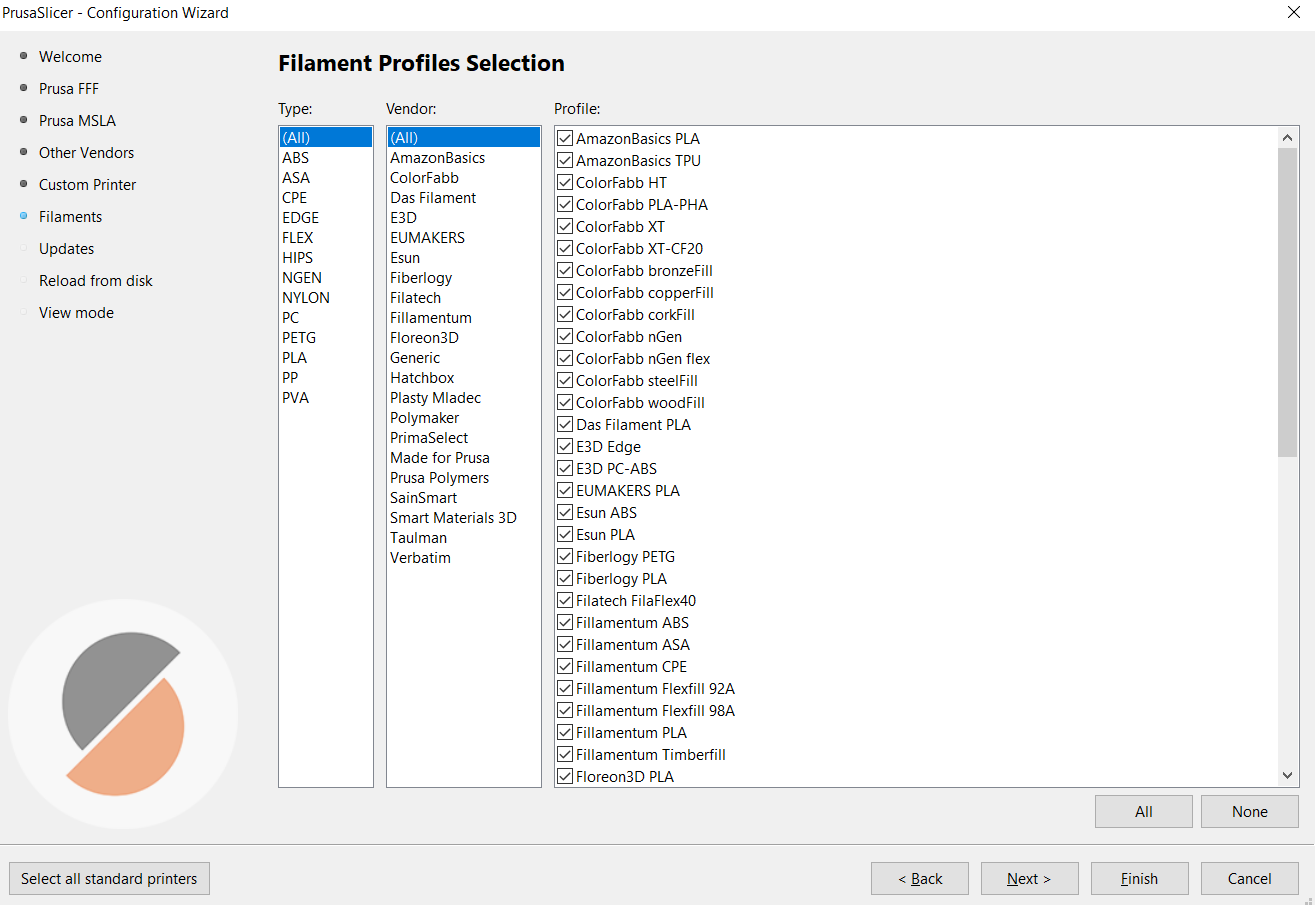 PrusaSlicer Vendor lists